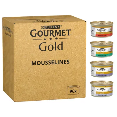 Carton Purina Gourmet Gold Mousselines 96x, avec quatre boîtes visibles de différentes couleurs : rouge, vert, violet et jaune, toutes marquées Gourmet Gold Mousselines.