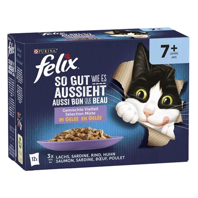 Purina Felix So gut wie es aussieht, selezione mista in gelatina per gatti 7+, salmone, sardina, manzo, pollo. Testo in tedesco e francese sulla confezione.