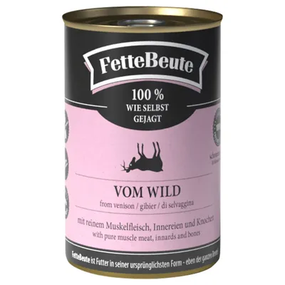 FetteBeute Nassfutter, Sorte Vom Wild, 100% wie selbst gejagt, mit reinem Muskelfleisch, Innereien und Knochen. Futter in seiner ursprünglichen Form.