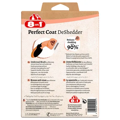 8in1 Perfect Coat DeShedder Unterfellbürste. Reduziert das Haaren um bis zu 90%. Sanfte Fellpflege, ergonomischer Griff, ideal für alle Fellarten. Anleitung und Produktdetails auf der Verpackung.