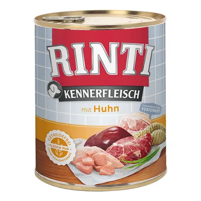 Konzerva Rinti Kennerfleisch mit Huhn, prikaz komada mesa i pilećeg mesa na etiketi. Vidljiv tekst: Getreidefrei, Fleisch pur, ohne Kohlenhydrate, Zusammensetzung verfeinert.