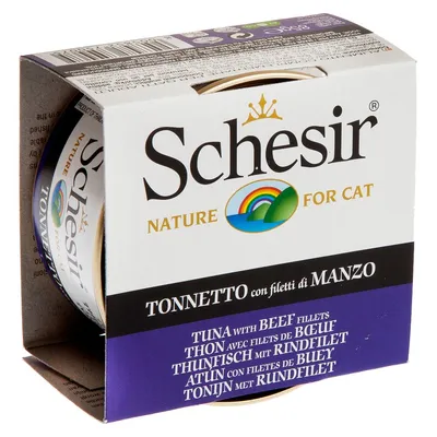 Schesir Nature for Cat, TONNETTO con filetti di MANZO, консервирана храна за котки с риба тон и говеждо филе, 85 г. Видими текстове на английски, италиански и други езици.