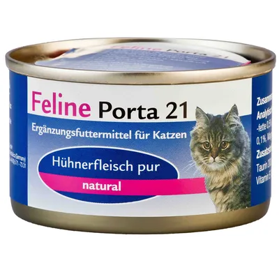 Konzerva Feline Porta 21, viditeľný text: Ergänzungsfuttermittel für Katzen, Hühnerfleisch pur, natural. Obrázok mačky na etikete.