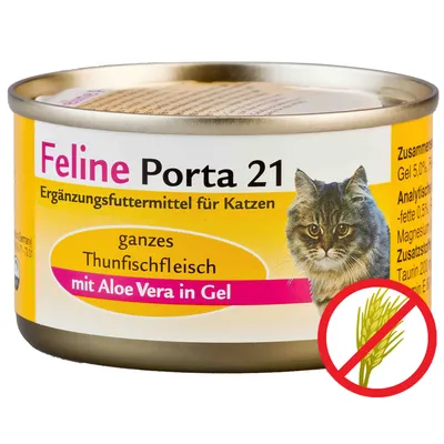 Konzerva Feline Porta 21 pre mačky, celé tuniakové mäso s Aloe Vera v géli, nemecký a nemecký text, symbol bez obilnín, obrázok mačky na etikete.