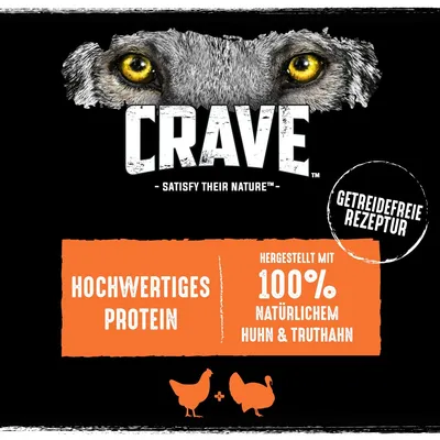 Crave. Hochwertiges Protein, hergestellt mit 100% natürlichem Huhn und Truthahn. Getreidefreie Rezeptur.