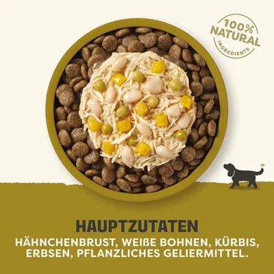 100% natural ingredients. Hauptzutaten: Hähnchenbrust, weiße Bohnen, Kürbis, Erbsen, pflanzliches Geliermittel. 100% natural ingredients. Hauptzutaten: Hähnchenbrust, weiße Bohnen, Kürbis, Erbsen, pflanzliches Geliermittel.
