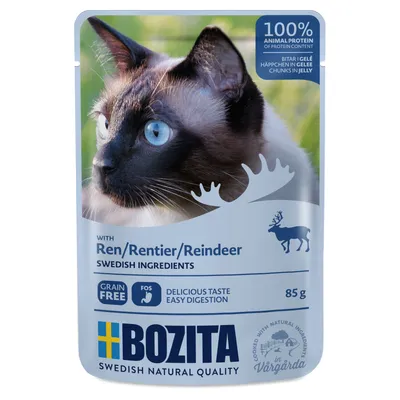 Bozita храна за котки с елен в желе, 100% животински протеин, без зърнени храни, шведски съставки, 85g. Вкусна и лесно смилаема.