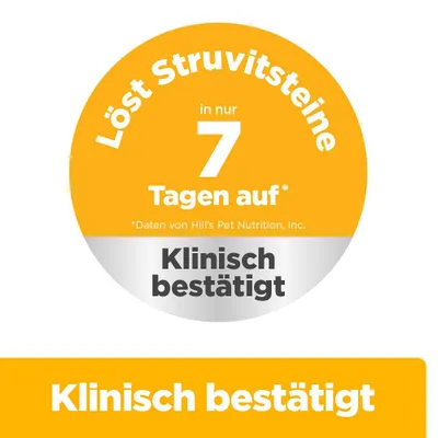 Löst Struvitsteine in nur 7 Tagen auf. Daten von Hill’s Pet Nutrition, Inc. Klinisch bestätigt. Löst Struvitsteine in nur 7 Tagen auf. Daten von Hill’s Pet Nutrition, Inc. Klinisch bestätigt.