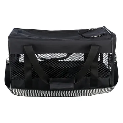 Sac de transport noir avec poignées, côtés en maille filet et fermeture éclair sur le dessus, base à motif chevrons blancs et noirs. Aucun logo ou texte visible.
