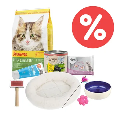 Kitten-Set mit Josera Kitten Grainfree Trockenfutter, Feringa Nassfutter, Concept for Life Portionsbeutel, Smilla Paste, Katzenbett, Spielzeug und Futterschale. Prozent-Symbol für Rabatt.