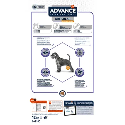 ADVANCE Veterinary Diets Articular Reduced Calorie -koiranruoka, 12 kg. Pääainesosat ja ominaisuudet: hydrolysoitu kollageeni, glukosamiini, kondroitiini, hyaluronihappo, omega-3, vähän kaloreita.