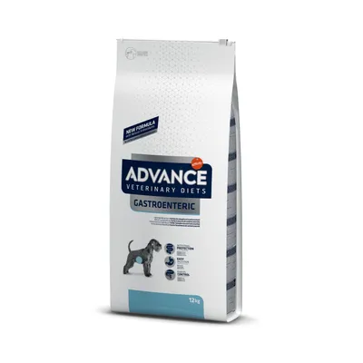 Saco de pienso para perros Advance Veterinary Diets Gastroenteric, 12 kg. Texto visible: New Formula, Intestinal Protection, Easy Digestion, Faecal Control.