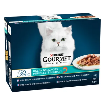 Purina Gourmet Perle Ocean Delicacies Mini Fillets in Gravy, 12 x 85g. Includes ocean fish, plaice, salmon, tuna and whole shrimps varieties.