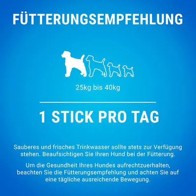 Fütterungsempfehlung: Hunde mit 25-40kg Gewicht, 1 Stick pro Tag. Frisches Trinkwasser bereitstellen, Hund beaufsichtigen, tägliche Bewegung beachten.