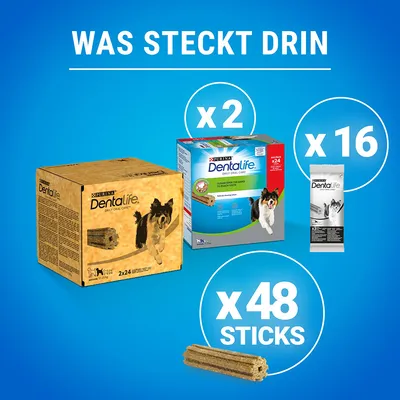 Purina Dentalife pregled izdelkov: 2 škatli po 24 palčk, 16 posameznih pakiranj, skupaj 48 palčk. Besedilo: 'Kaj je notri'.