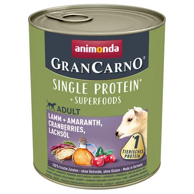 GranCarno Single Protein Adult food with lamb, amaranth, cranberries and salmon oil. Contains superfoods, no grain or gluten. Made in Germany. 1 animal protein source.