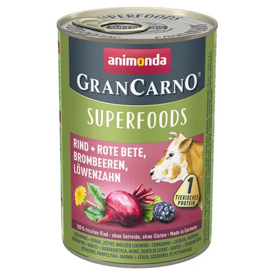 animonda GranCarno Superfoods -naudanliha, punajuuri, karhunvatukka, voikukka. 1 tierisches protein. 100 % frisches Rind, ohne Getreide, ohne Gluten, Made in Germany.