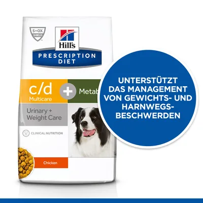Hill's Prescription Diet c/d Multicare + Metabolic Urinary + Weight Care hondenvoer, Chicken. Duitse tekst: Unterstützt das Management von Gewichts- und Harnwegsbeschwerden.