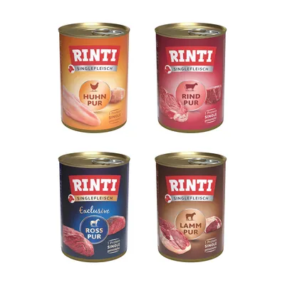 Neljä Rinti Singlefleisch -purkkia: Huhn Pur, Rind Pur, Ross Pur Exclusive ja Lamm Pur. Yksi proteiini per purkki, viljaton.