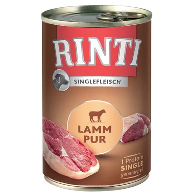 Rinti Singlefleisch Lamm Pur, gabonamentes, 1 fehérje. Friss bárányhús barna dobozon.