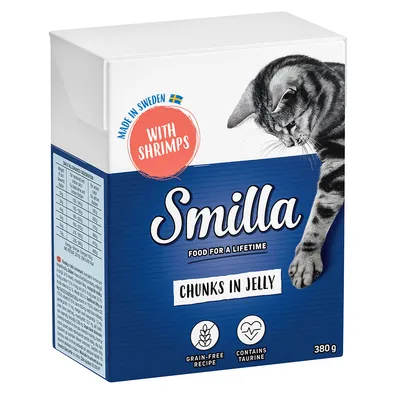 Smilla Chunks in Jelly с креветками, произведено в Швеции, 380 г. Беззерновой состав, содержит таурин. На упаковке изображена кошка и рекомендация по кормлению сбоку.