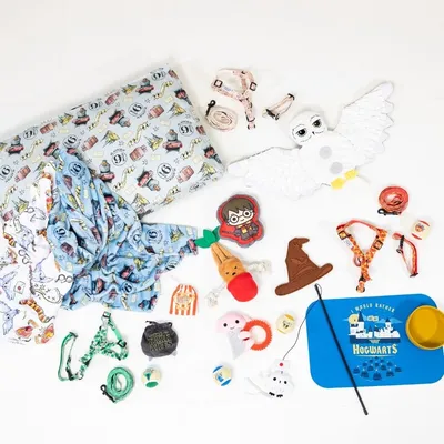 Harry Potter pet set with toy, harness, lead, bowl and blanket. Designs: Hogwarts, Hedwig, wizard hat, carrot, Dark Arts. Various colours and sizes visible.
