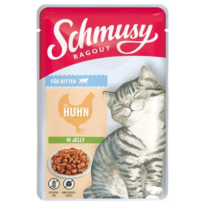 Schmusy Ragout für Kitten, mit Huhn, in jelly. Getreidefrei, ohne Zuckerzusatz. Billede af killing og skål med foder på emballagen.