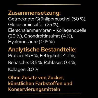 Besedilo v nemščini: sestava in analitične sestavine (beljakovine 55,8 %, maščobe 4,0 %, surovi pepel 13,5 %, surove vlaknine 0,4 %, kolagen 3,0 %), brez dodanega sladkorja, barvil, konzervansov.