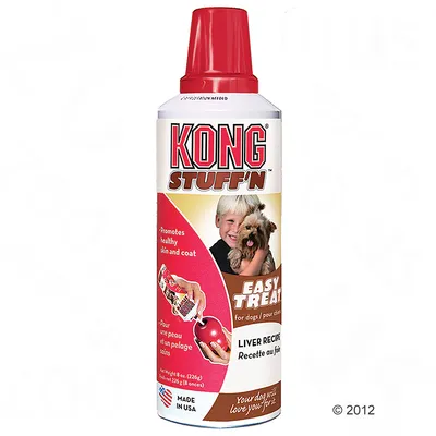 Bote de KONG STUFF'N Easy Treat para perros, receta de hígado. Texto visible: 'Promotes healthy skin and coat', 'Made in USA', peso neto 226 g (8 oz).