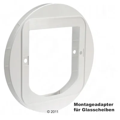 Montageadapter für Glasscheiben, bílý plastový montážní adaptér s otvory pro upevnění. Text v němčině na obrázku.