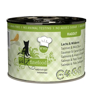 Catz Finefood Ragout Nr. 605, losos in divja raca, brez žit, brez dodanega sladkorja, brez testiranja na živalih, 95 % mesa.