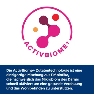 ActivBiome+ Zutaten-Technologie: Mischung aus Präbiotika zur Aktivierung des Mikrobioms für gesunde Verdauung und Wohlbefinden.