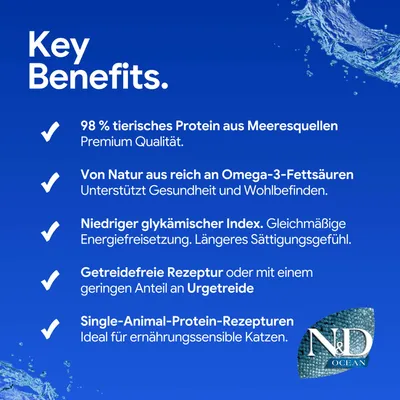 98 % de protéine animale provenant de sources marines, riche en acides gras oméga-3, indice glycémique bas, recette sans céréales, recettes à protéine unique pour chats. 98 % de protéine animale provenant de sources marines, riche en acides gras oméga-3, indice glycémique bas, recette sans céréales, recettes à protéine unique pour chats.