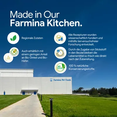Farmina Pet Foods : Ingrédients régionaux, également avec de l’épeautre bio et de l’avoine bio, recherche sans expérimentation animale, fraîcheur à l’azote, conservateurs 100 % naturels. Farmina Pet Foods : Ingrédients régionaux, également avec de l’épeautre bio et de l’avoine bio, recherche sans expérimentation animale, fraîcheur à l’azote, conservateurs 100 % naturels.