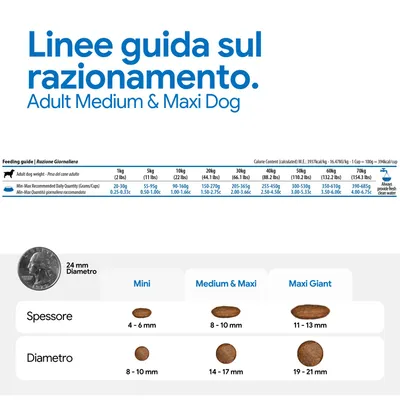 Razioni consigliate per cani adulti in base al peso, quantità giornaliera in grammi e cup. Panoramica sulle dimensioni delle crocchette: mini, medium & maxi, maxi giant con indicazioni su diametro e spessore.