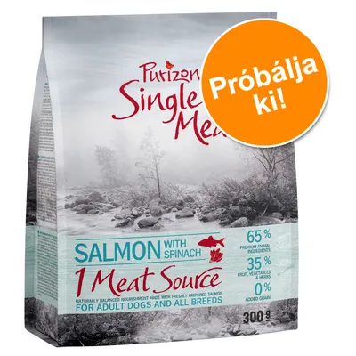 Purizon Single Meat Salmon with Spinach kutyatáp csomagolás, 65% prémium állati összetevő, 35% zöldség és gyümölcs, 0% gabona, 300 g. Narancssárga kör: Próbálja ki!
