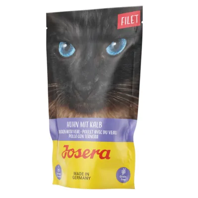 Sachet Josera FILET, Huhn mit Kalb, Poulet avec du veau, Made in Germany, sans céréales, photo de chat sur l’emballage. Texte en allemand, anglais, français et espagnol.