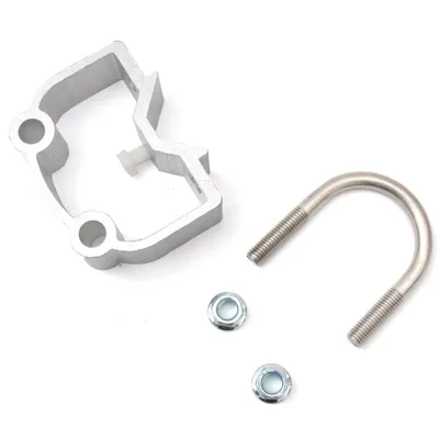 Supporto metallico con vite a U e due dadi, adatto per il montaggio. Materiali visibili: alluminio e acciaio inox.