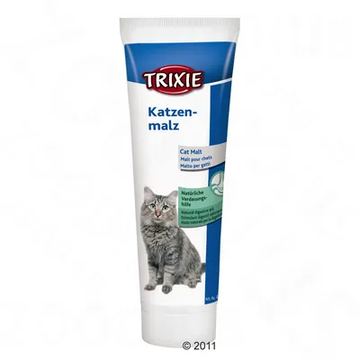 TRIXIE Katzenmalz -tahna kissoille, teksti: Cat Malt, Natürliche Verdauungshilfe, kuva harmaasta kissasta valkoisella tuubilla.