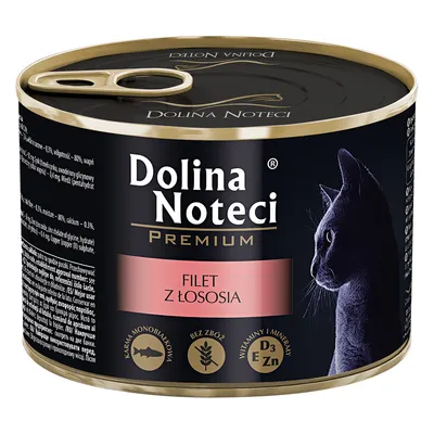 Dolina Noteci Premium, Filet z Łososia. Monoprotein, ohne Getreide, mit Vitaminen und Mineralien D3 und Zn. Schwarze Dose mit Katzenmotiv.