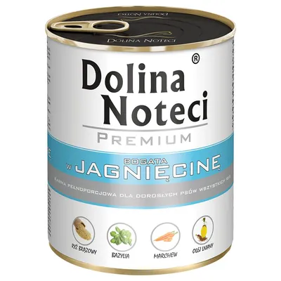 Dolina Noteci Premium, rik på lammkött. Helkost för vuxna hundar av alla raser med brunt ris, basilika, morötter och linfröolja.
