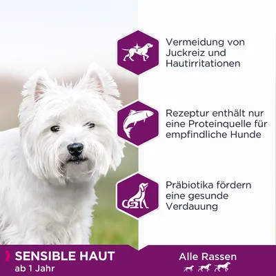 Sensible Haut ab 1 Jahr, alle Rassen. Vermeidung von Juckreiz und Hautirritationen, Rezeptur mit einer Proteinquelle für empfindliche Hunde, Präbiotika fördern gesunde Verdauung.