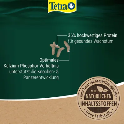 Tetra. 36% hochwertiges Protein für gesundes Wachstum, optimales Kalzium-Phosphor-Verhältnis unterstützt Knochen- und Panzerentwicklung. Ohne Konservierungsstoffe, natürliche Inhaltsstoffe.