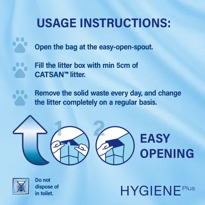 Instructions: Tear open the pouch at the opening, fill in at least 5 cm of CATSAN litter, remove solid waste daily and change completely on a regular basis. Do not dispose of in the toilet. Instructions: Tear open the pouch at the opening, fill in at least 5 cm of CATSAN litter, remove solid waste daily and change completely on a regular basis. Do not dispose of in the toilet.