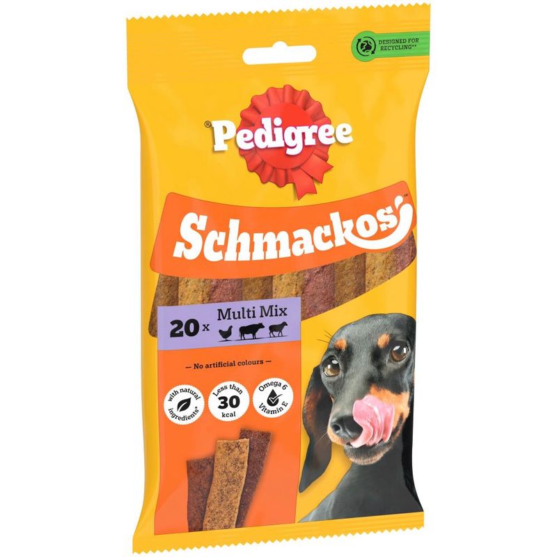 Pedigree Pedigree Schmackos Multi 20 Strips Beef Chicken Lamb pet food packaging