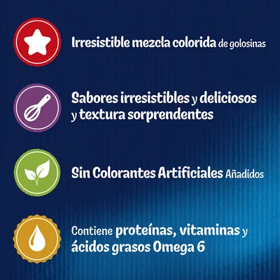 Irresistible mezcla colorida de golosinas. Sabores irresistibles y deliciosos y textura sorprendentes. Sin colorantes artificiales añadidos. Contiene proteínas, vitaminas y ácidos grasos Omega 6.