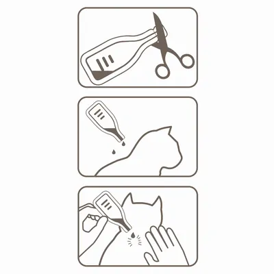 Step-by-step instructions: cut open pipette, apply drops to animal’s neck, and part fur to ensure liquid contacts skin.