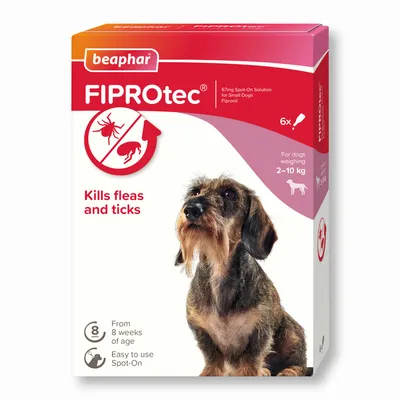 FIPROtec 67mg spot-on solution kills fleas and ticks, for dogs weighing 2–10kg, from 8 weeks of age. Pack contains 6 pipettes. Easy to use spot-on application.