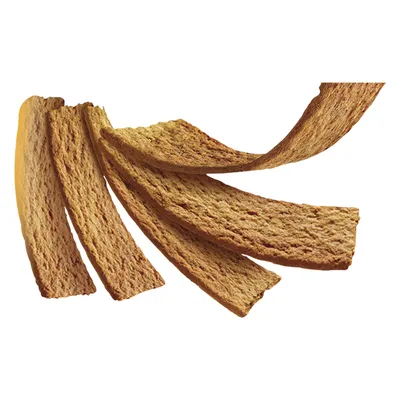 Fem aflange, brune hundesnacks med sprød overflade vist mod hvid baggrund.