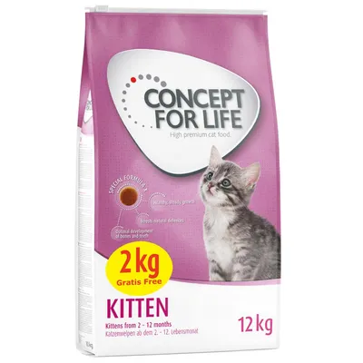 CONCEPT FOR LIFE kattenvoer voor kittens, 12 kg zak, 2 kg gratis, geschikt voor kittens van 2–12 maanden. Tekst: High premium cat food, Special Formula, Kitten.